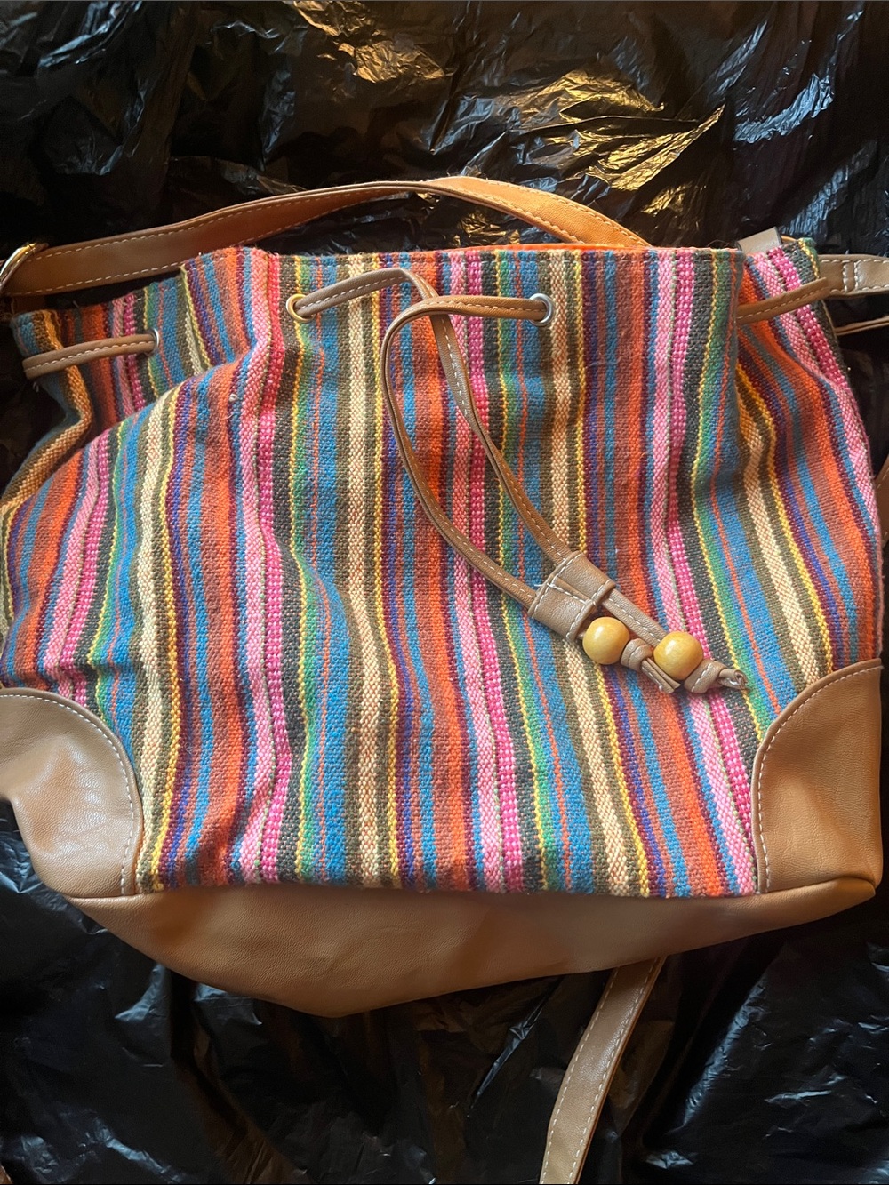 Multicolor Striped Canvas Shoulder Bucket Bag with Tan Trim